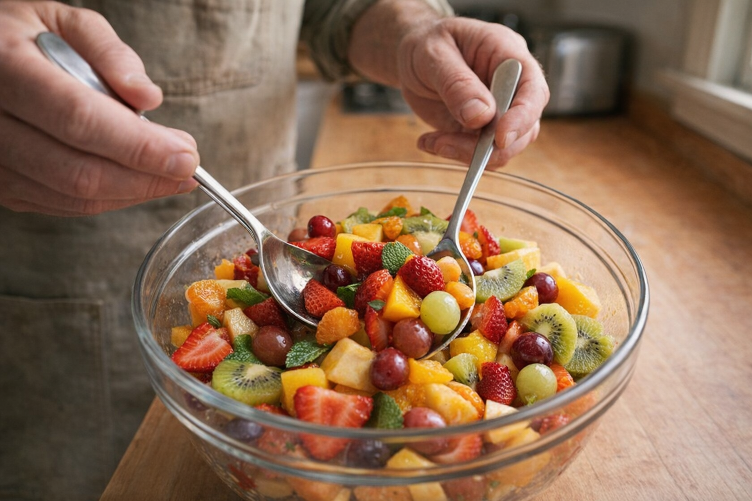 An action shot showing hands gently tossing a colorful fruit salad in a glass bowl with serving spoons, with natural light highlighting the freshness of the ingredients.